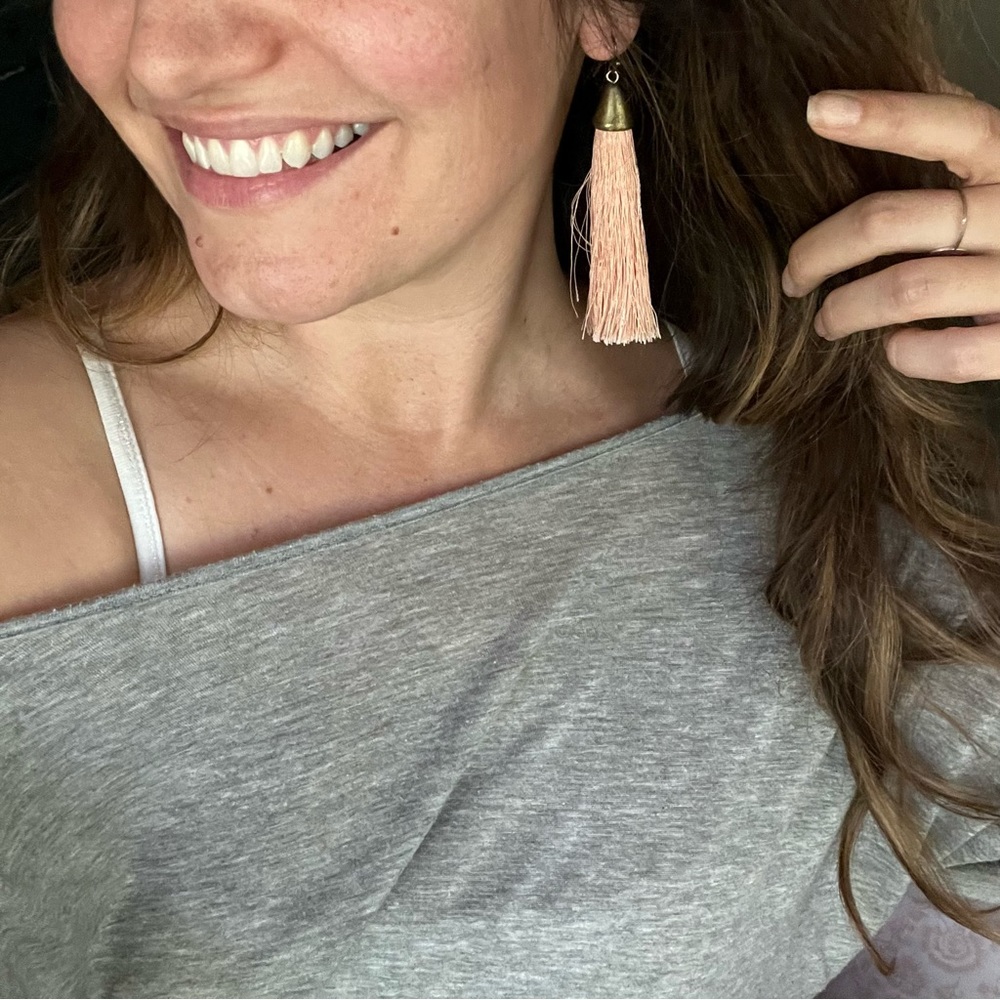 Blush Pastel Pink Tassel and Brass Earrings 🌿